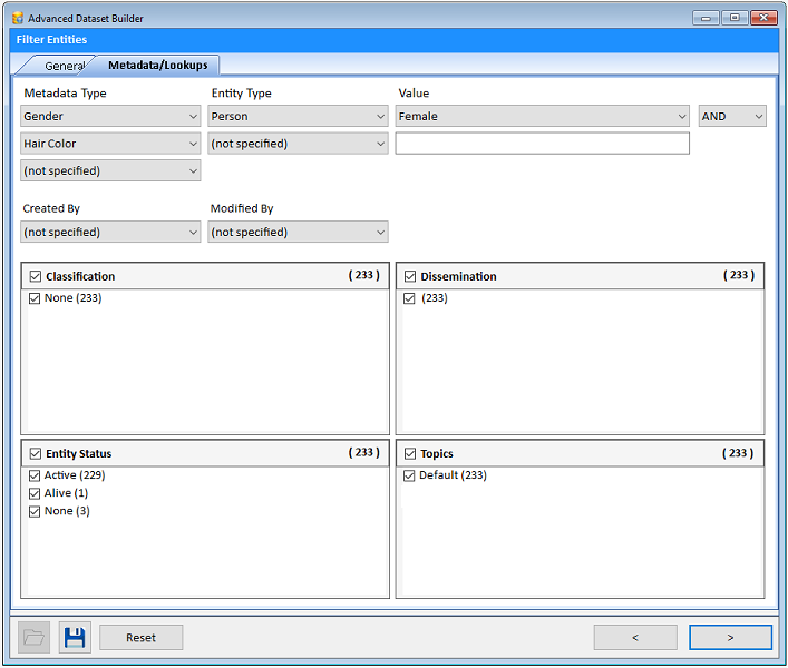 Entity Filter: Metadata / Lookups Tab